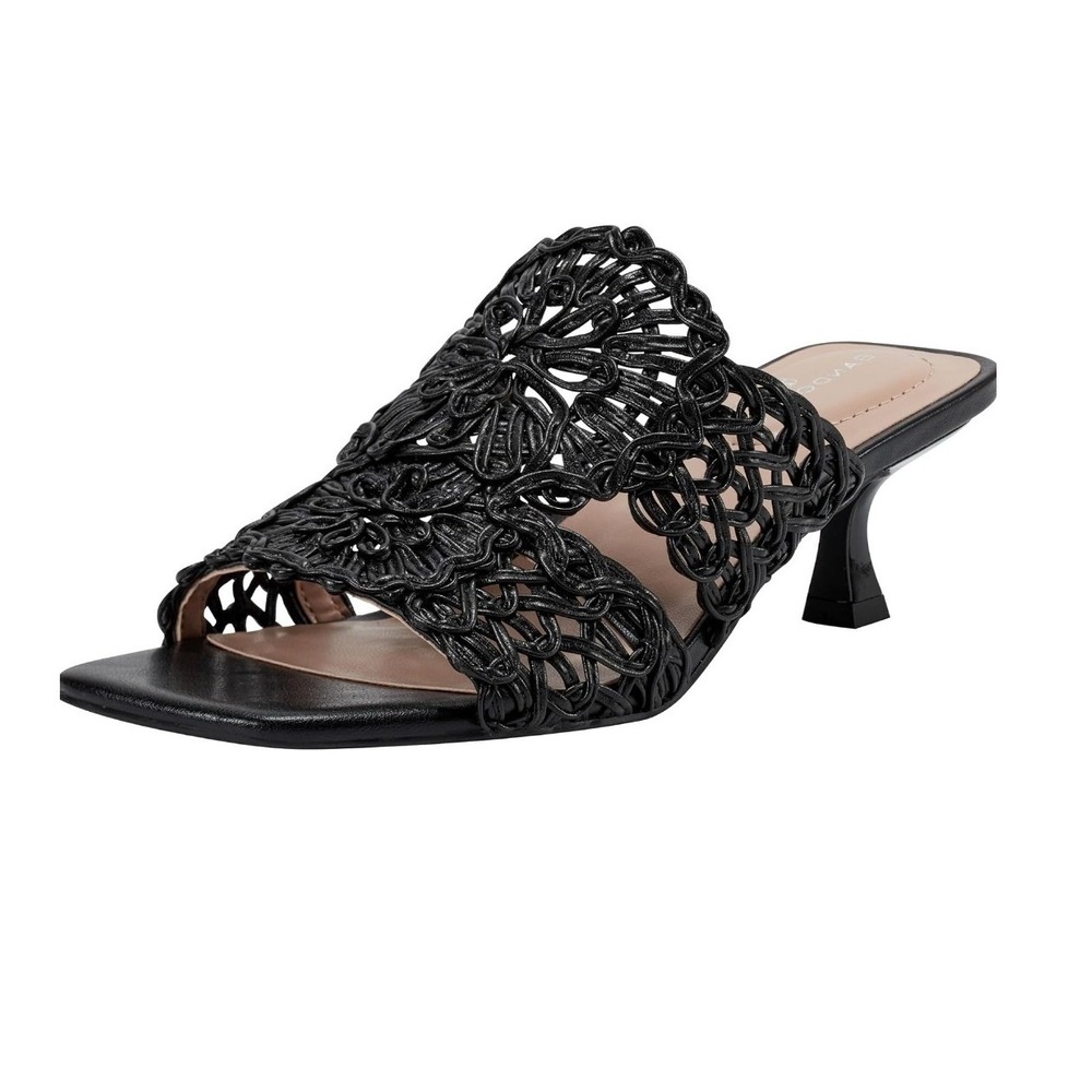 Bandolino Melvana Sandals Women 5M Black Woven Floral Square Toe Kitten Heel 154